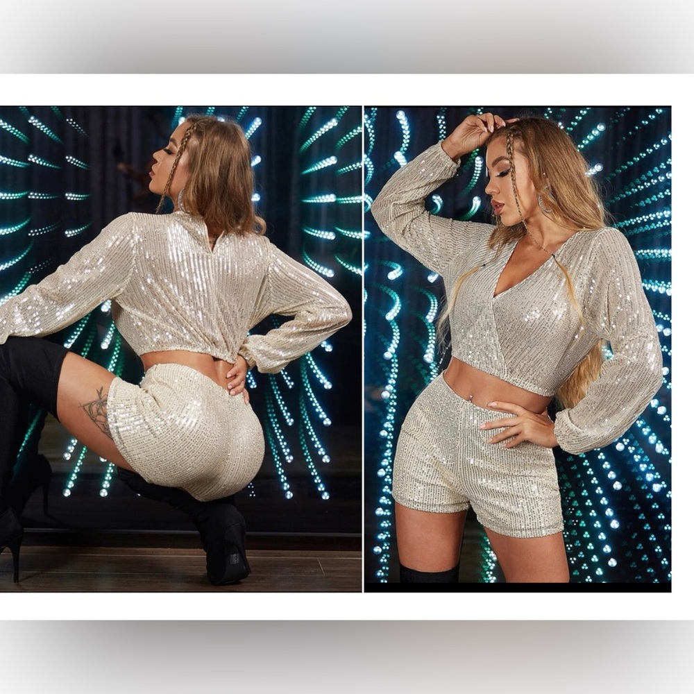D&M Surplice Neck Crop Sequins Set